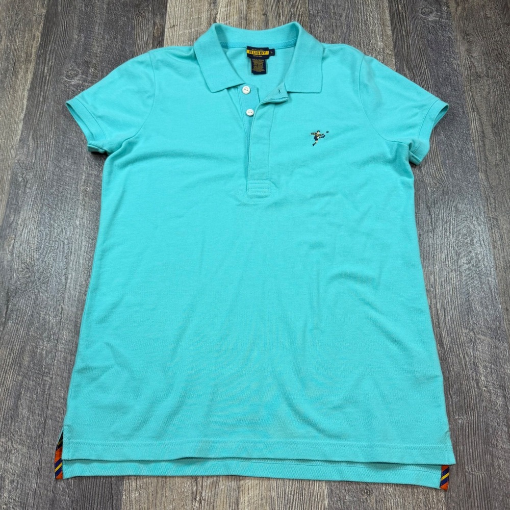 Ralph Lauren Rugby Womens Turquoise Cotton Pique Polo Shirt Size L Y2K Preppy